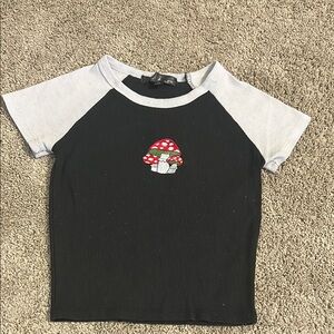 Black and Gray Raglan Shirt with Mushroom Design